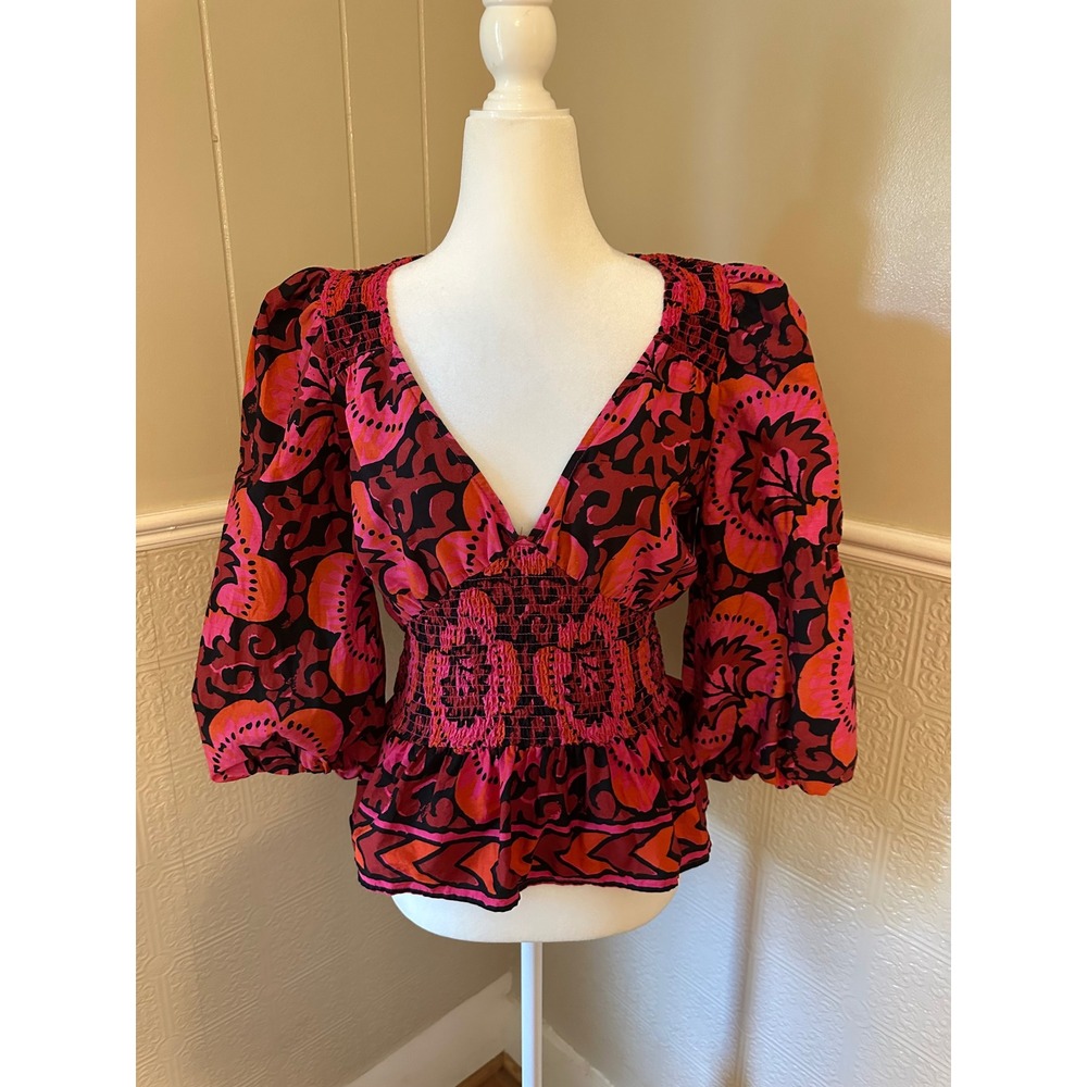 House of Harlow 1960 Nicole Richie Pink Orange Floral Smocked Peplum Top Medium